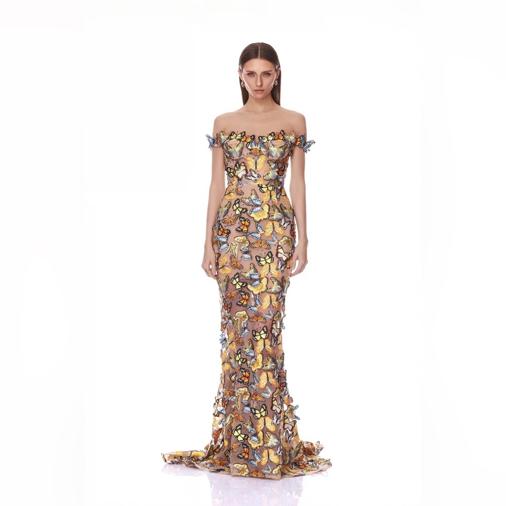 NWOT BRONX AND BANCO Bella 3D Butterfly Jasmine Off the Shoulder Gown